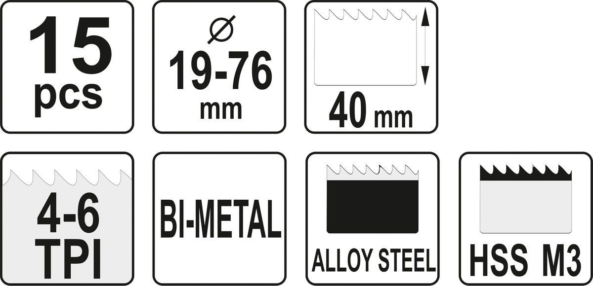 Set carote BI-METAL, 19 - 76mm, 15buc, YATO YT-3381 - MiroMoto